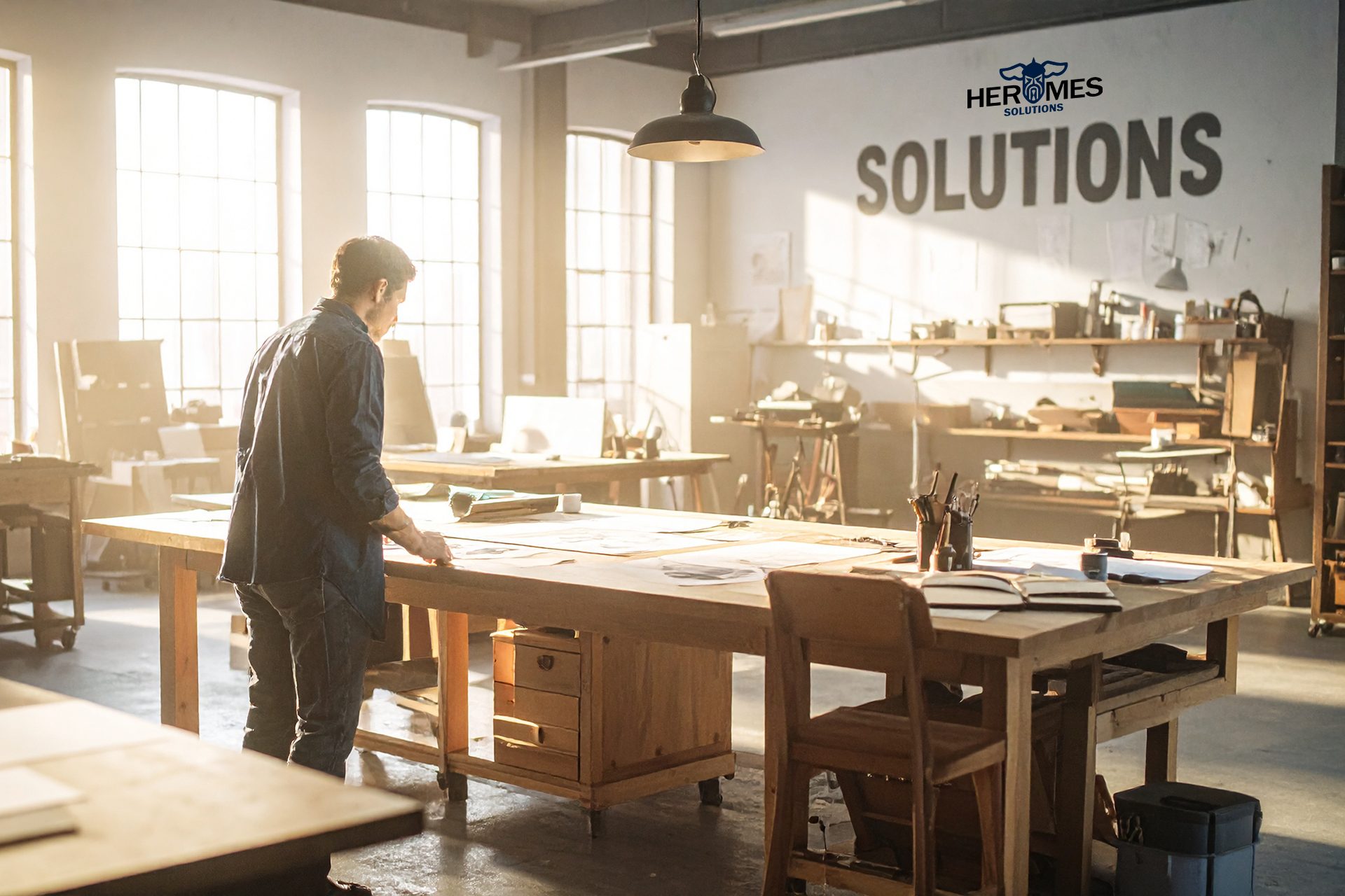 Firefly_A warm, stylish printing workshop with natural light, wooden worktables, paper sample 663803